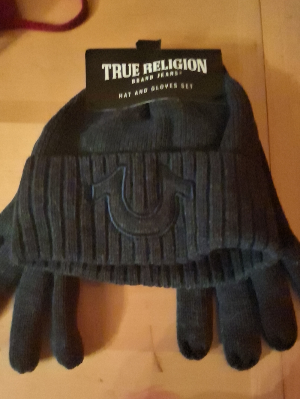 True Religion Black Ribbed Beanie and Glove Set with Embroidered Logo